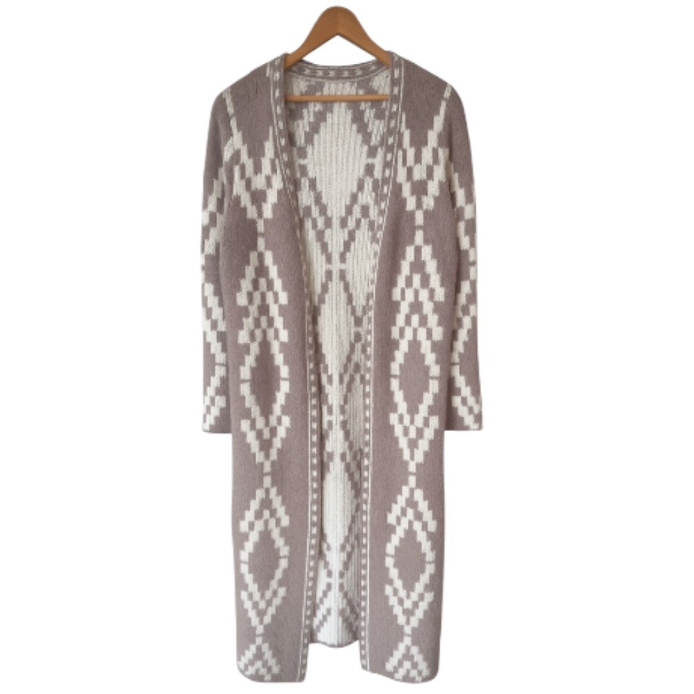 Geometric Patterned Cardigan - Cream and Brown